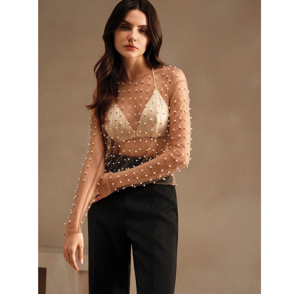 Beaded Tan Sheer Mesh Long Sleeve Shirt with Faux Pearls and Sparkles - Picture 3 of 10